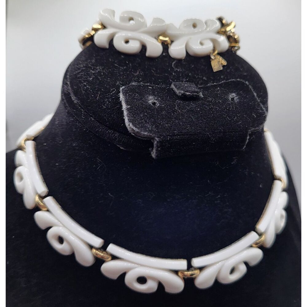 MCM Monet Jewelry Set Necklace Bracelet White Thermoset Plastic Gold-Tone Retro